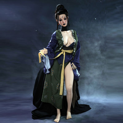 EU-Stock TPE Thực tế 158cm Sex Doll Nhật Bản-Style Indigo Boro Kimono Ngực lớn chân mỏng